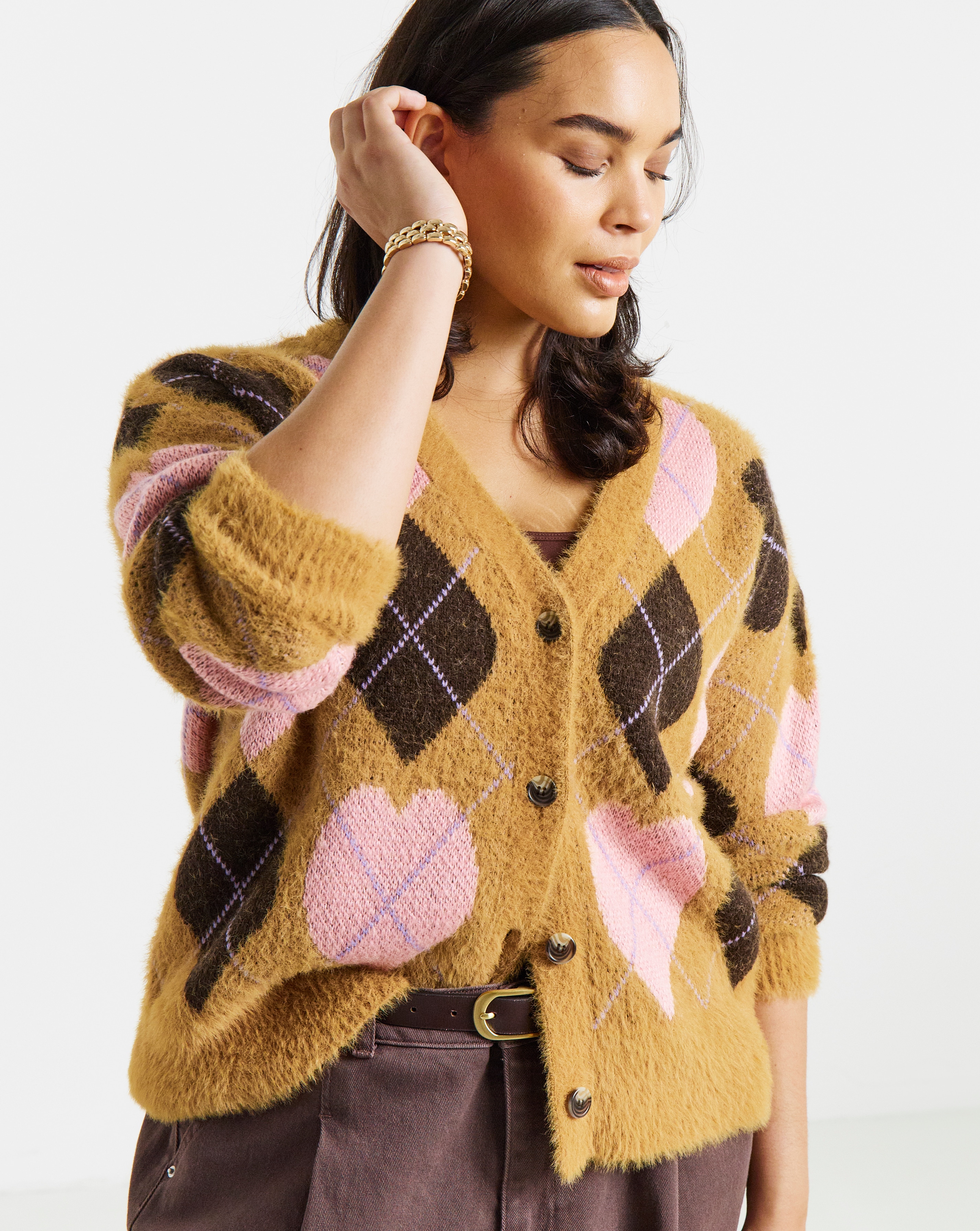 New In - Heart Argyle Fluffy Cardigan