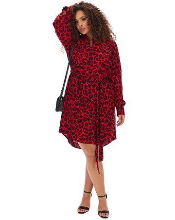 Red Animal Print Tie Waist Shirt Dress