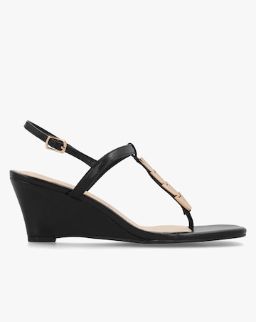 Daniel Yoko Black Gold Trim Toe Post Mid Wedge Sandals Standard Fit