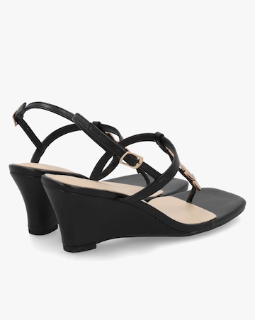 Daniel Yoko Black Gold Trim Toe Post Mid Wedge Sandals Standard Fit