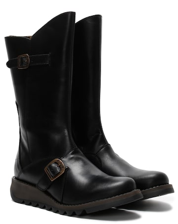 Fly London Mes II Black Leather Low Wedge Calf Boots