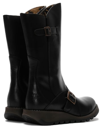 Fly London Mes II Black Leather Low Wedge Calf Boots