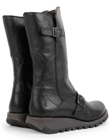 Fly London Mes Black Pebbled Leather Low Wedge Calf Boots