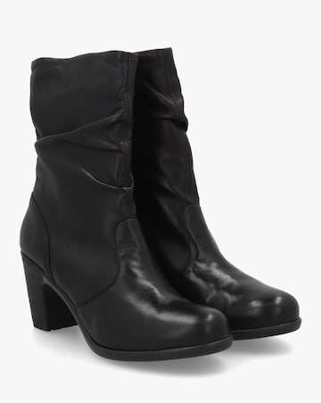 Fly London Klei Black Leather Rouched Block Heel Ankle Boots