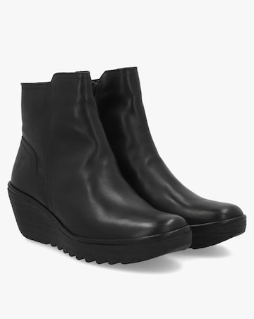 Fly London Yeti Black Leather Wedge Ankle Boots