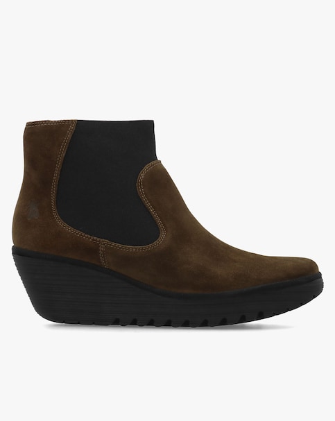 Fly London Yade Grey Suede Wedge Chelsea Boots