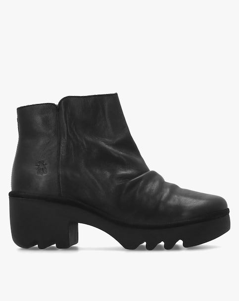 Fly London Tulp Black Leather Rouched Block Heel Ankle Boots