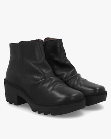 Fly London Tulp Black Leather Rouched Block Heel Ankle Boots