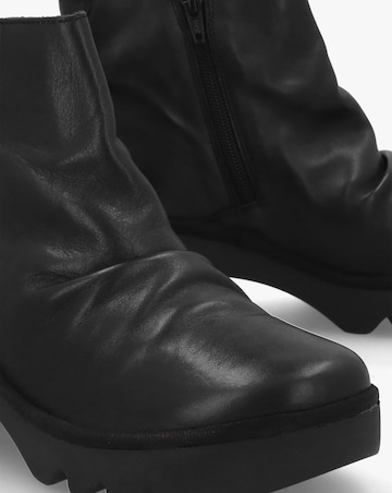 Fly London Tulp Black Leather Rouched Block Heel Ankle Boots