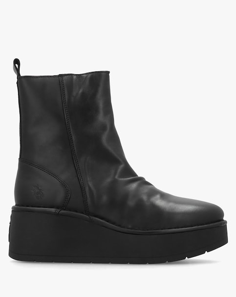 Fly London Heij Black Flatform Wedge Ankle Boots