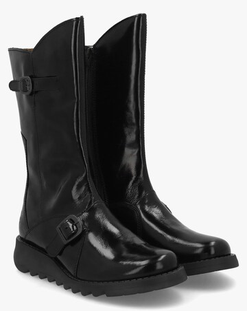 Fly London Mes II Black Patent Leather Low Wedge Calf Boots