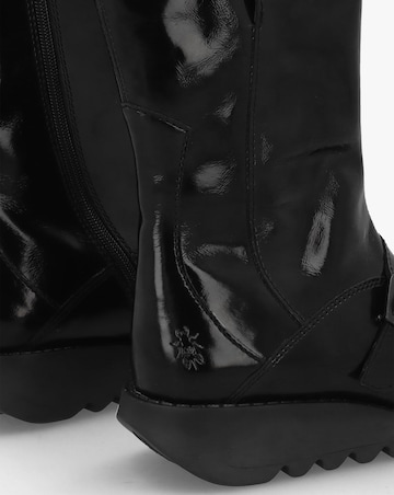 Fly London Mes II Black Patent Leather Low Wedge Calf Boots