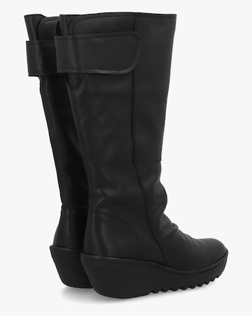 Fly London Yulo Black Leather Wedge Knee Boots