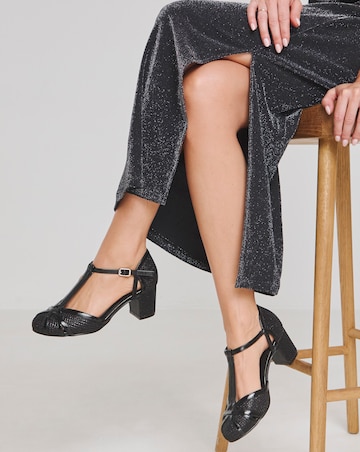 Dolores Low Block Heel T Bar Shoes - Wide Fit (E)