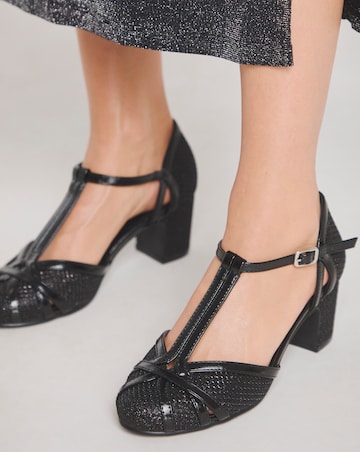 Dolores Low Block Heel T Bar Shoes - Wide Fit (E)