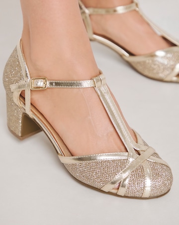 Dolores Low Block Heel T Bar Shoes - Wide Fit (E)