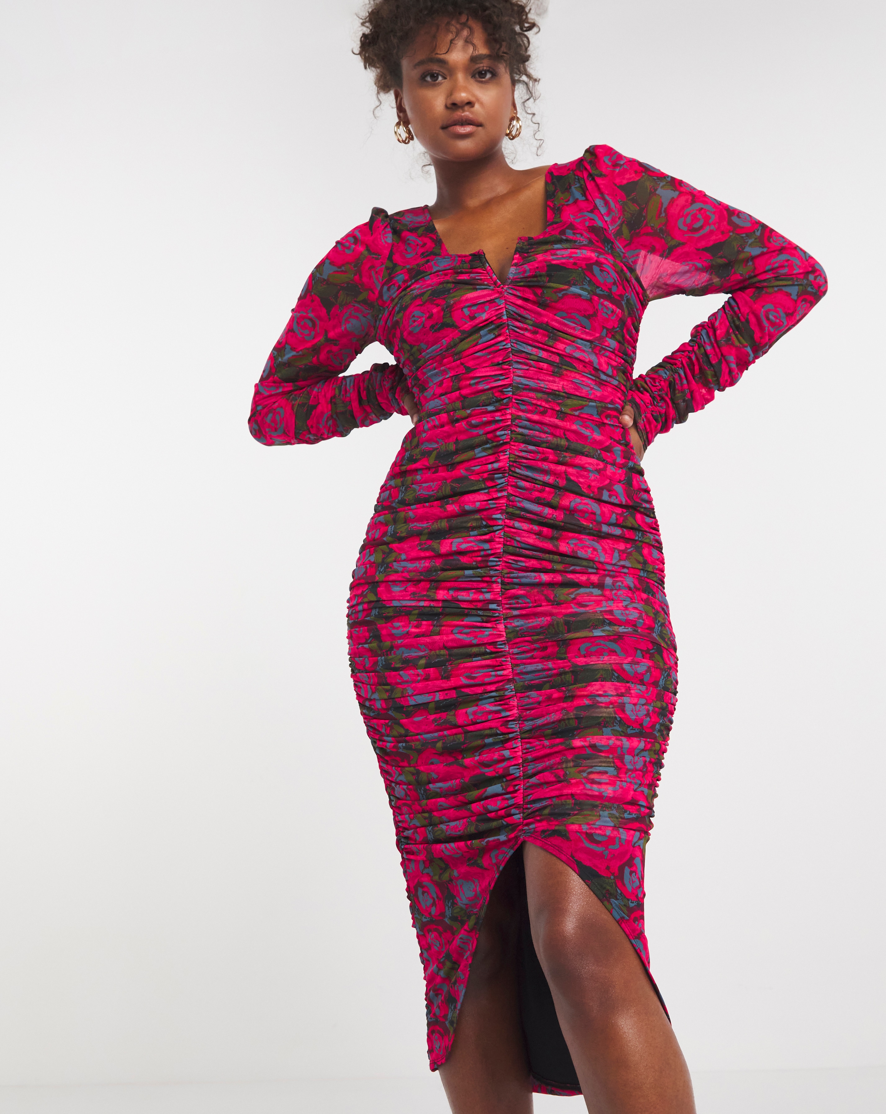 Ruched midi dress with sleeves cheap