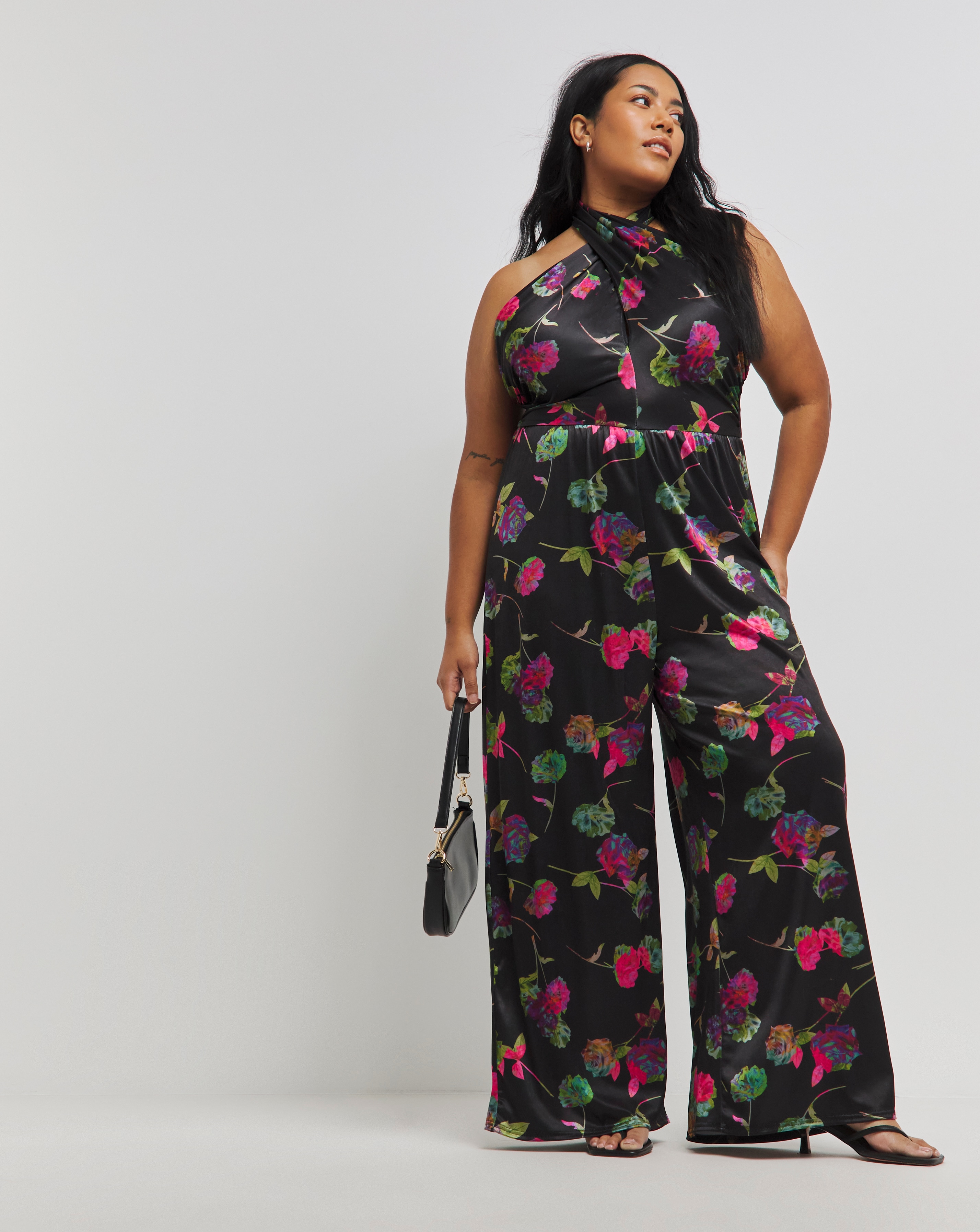 Made In GB Floral Halterneck Jumpsuit - Black floral - Size 26 - Women's