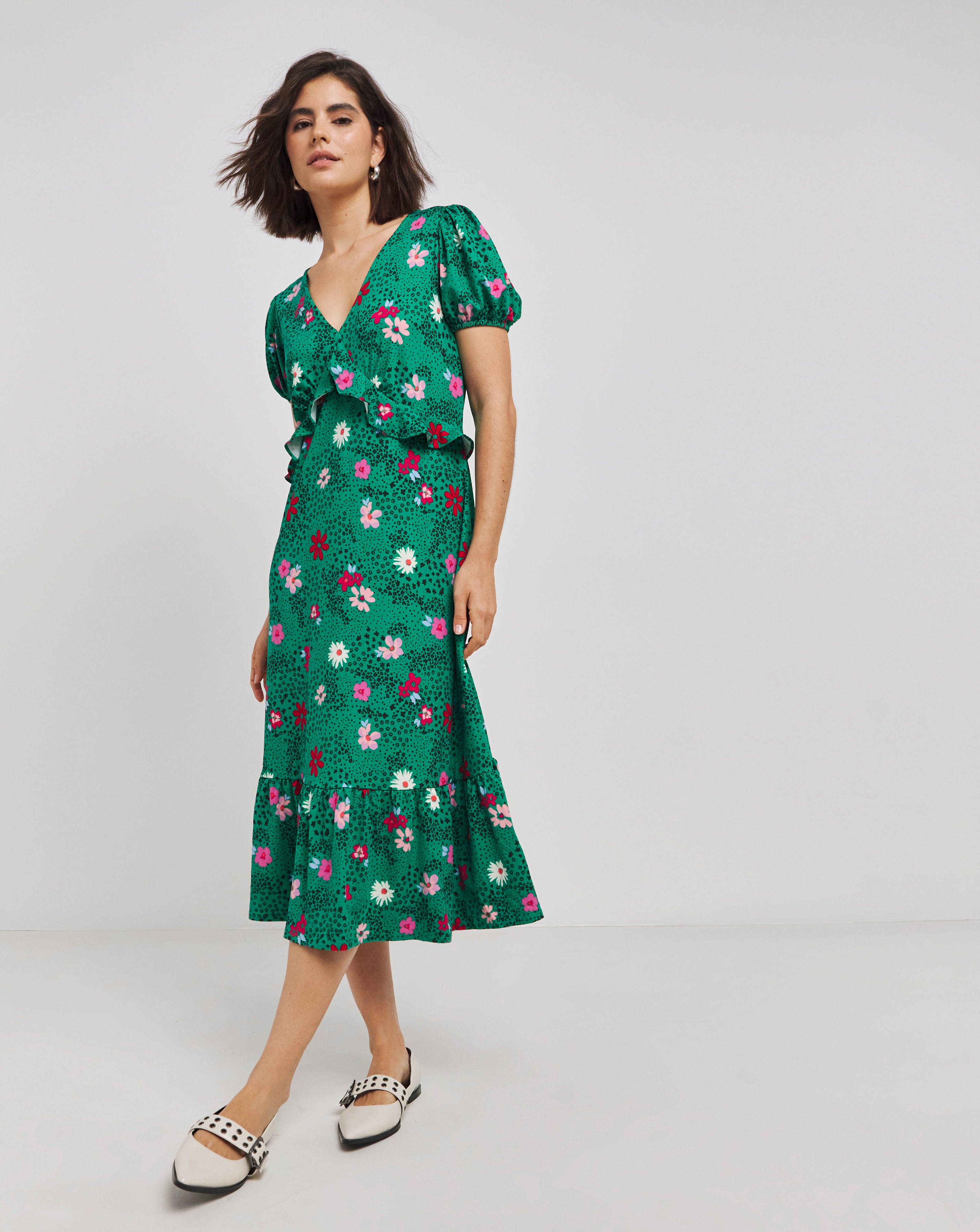 Green Print Supersoft Frill Midi Dress