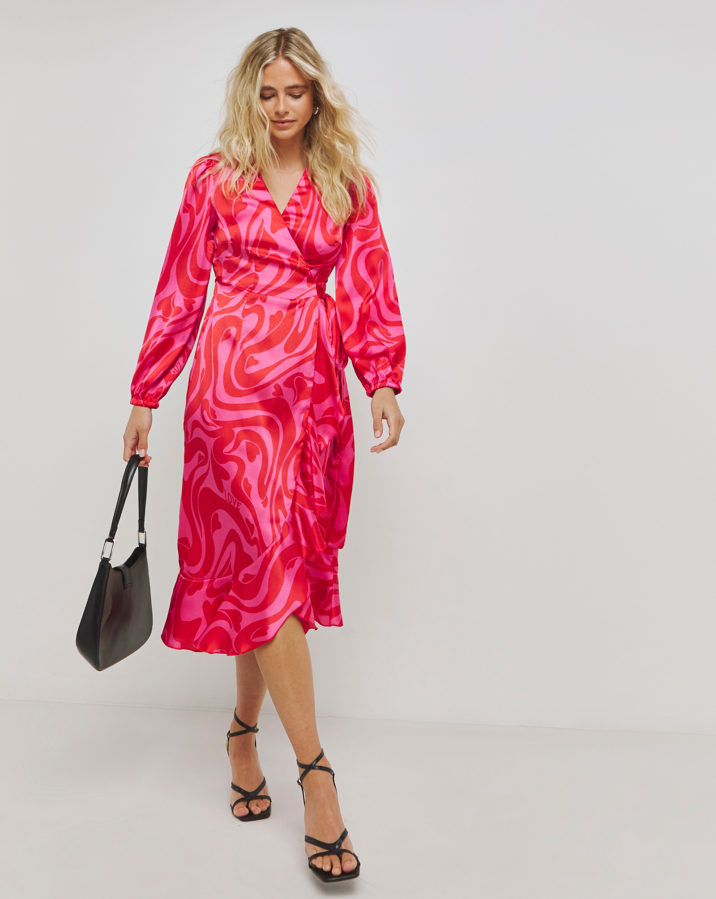 Simply Be - Women's Pink And Red Swirl Satin Wrap Dress - Size 10 - Pink print