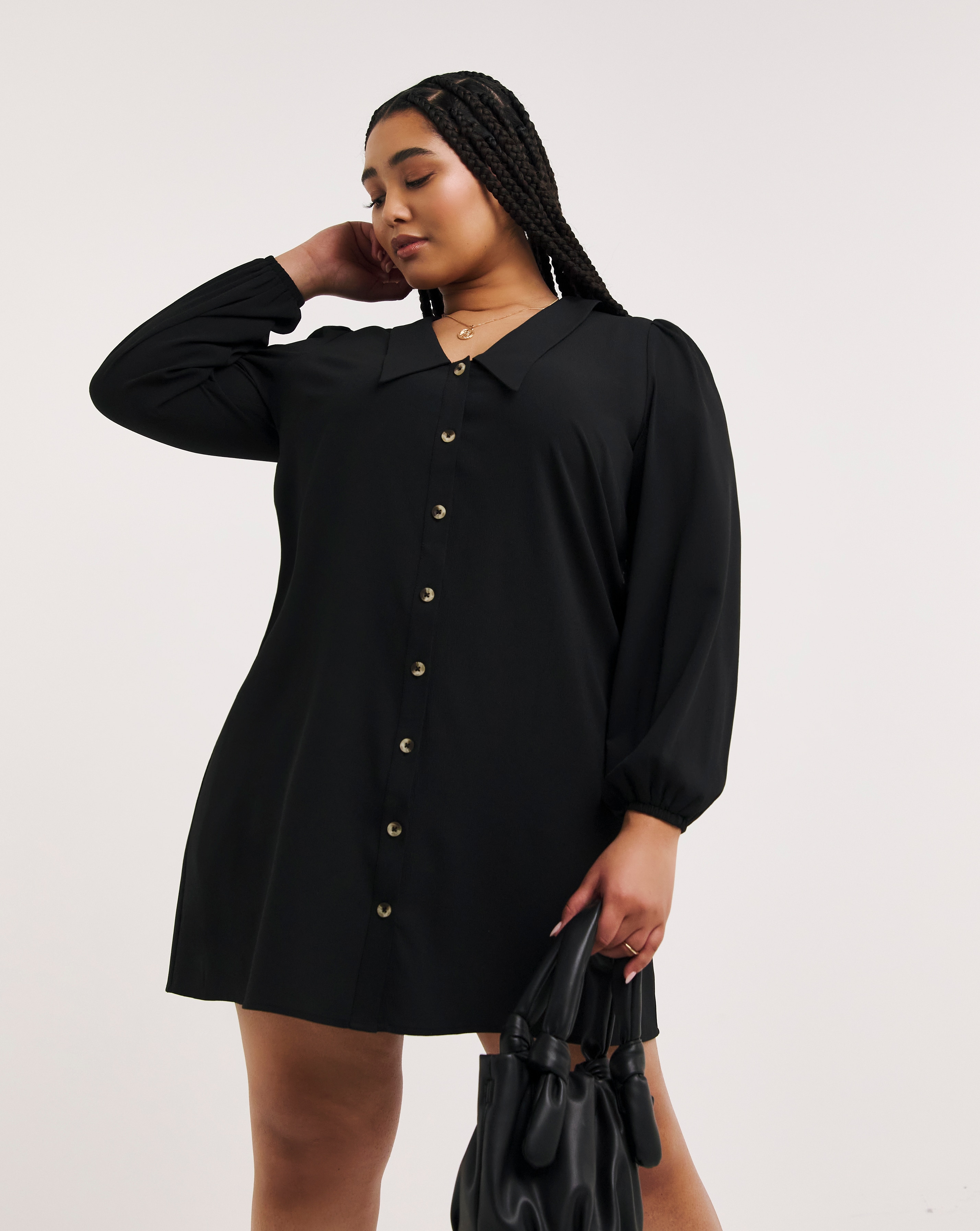 Hidden Button Shirt Dress Black