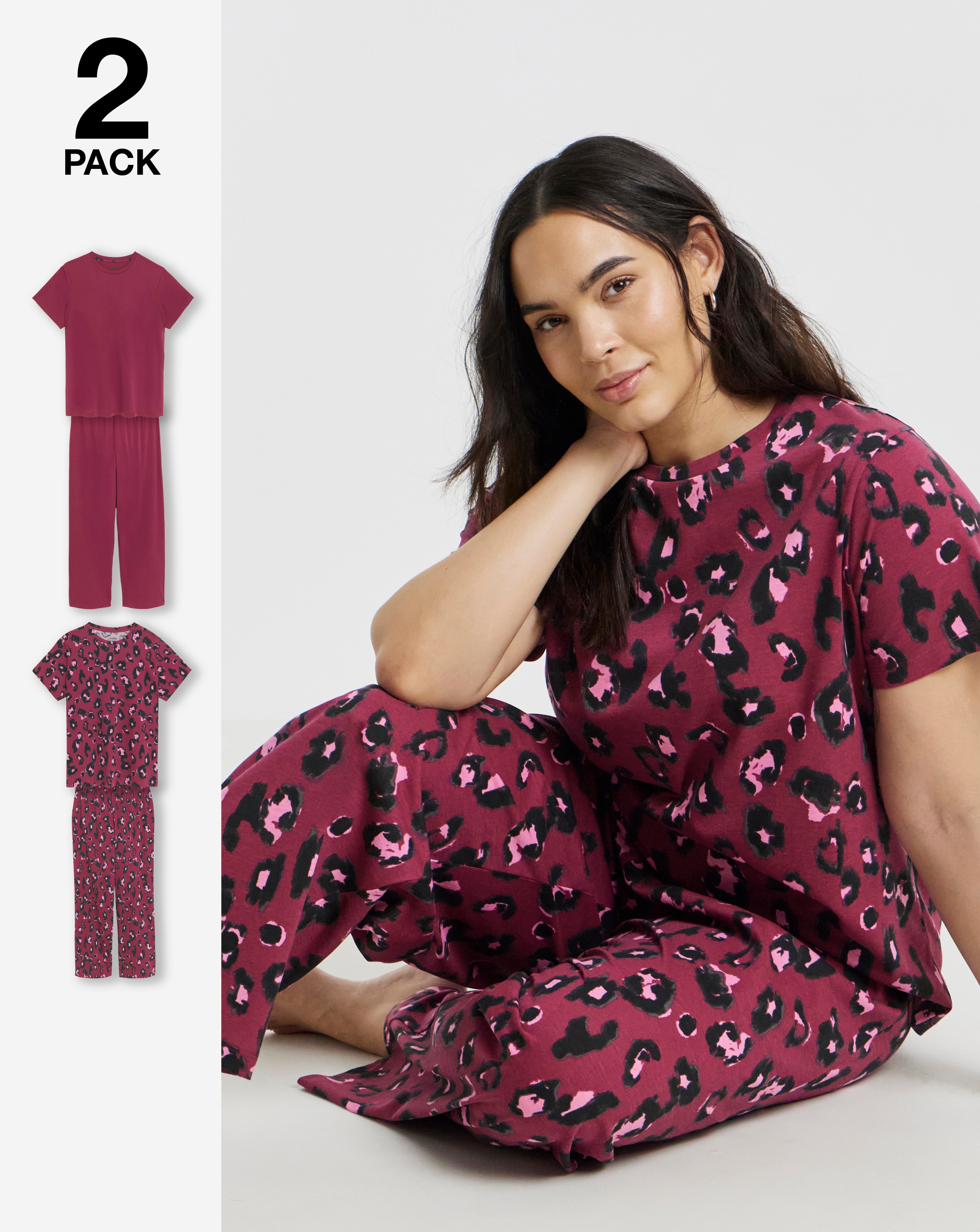 Pretty Secrets (2 Pack) Value Pyjama Sets Leopard/Burgundy