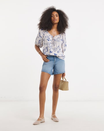 Blue Print Crinkle Frill Edge Smock Blouse