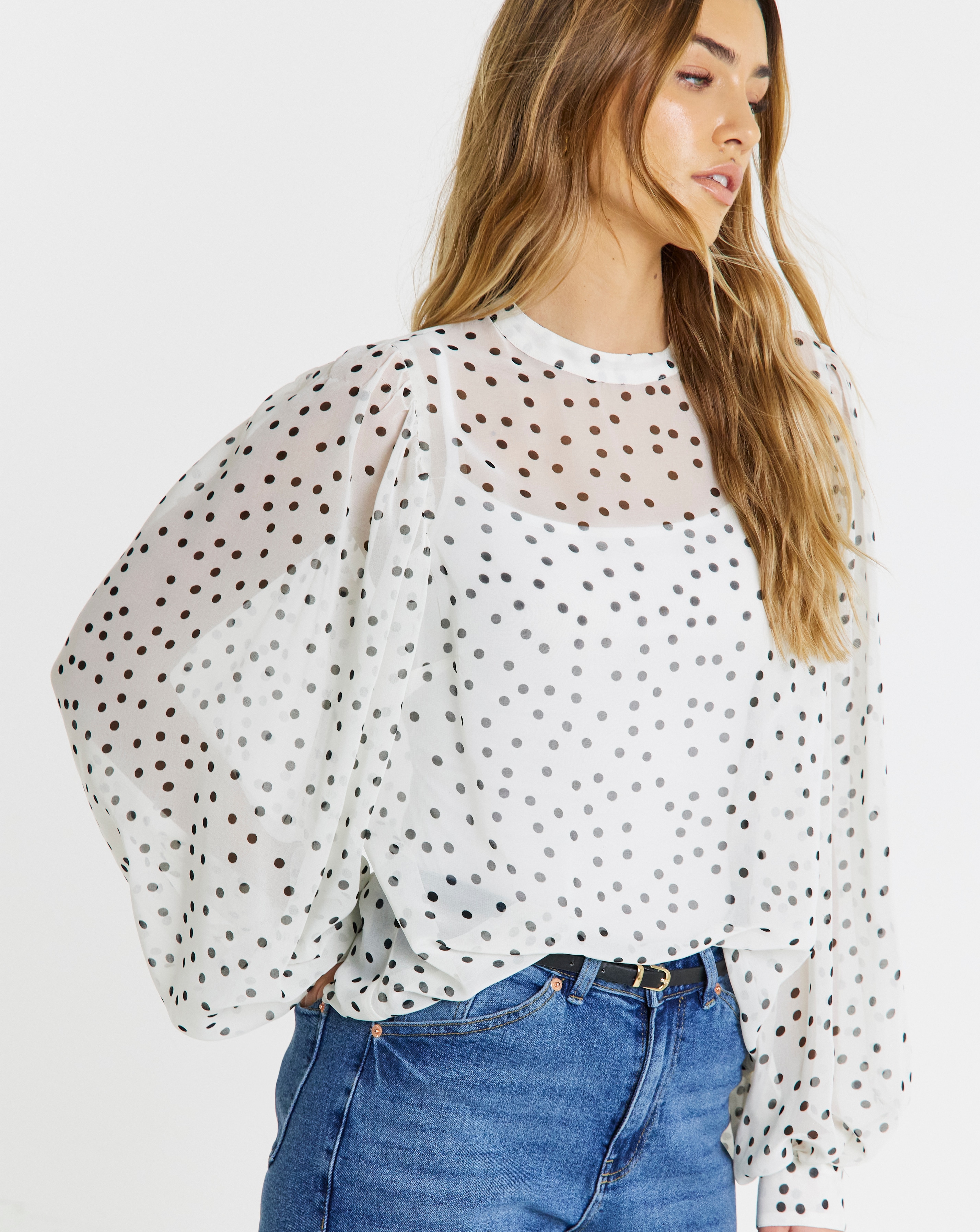 New In - Spot Print Exaggerated Sleeve Blouse