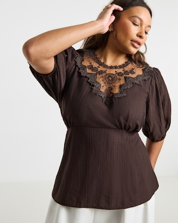 Simply Be Chocolate Lace Insert Peplum Blouse