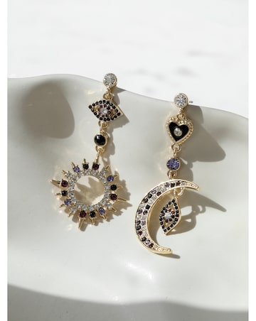 Mood Gold & Multi Colour Crystal Mismatch Celestial Earrings