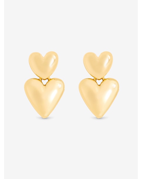 Gold Polished Puffed Heart Drop Earrings