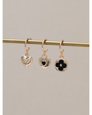 Mood Gold Jet Heart & Clover Huggie Charm Earrings - Pack of 3