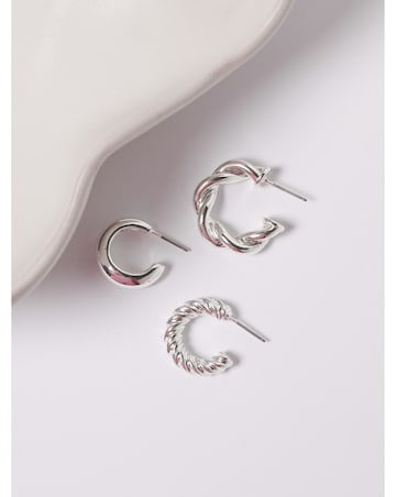 Mood Silver Polished Twist Hoop Earrings - Pack of 3