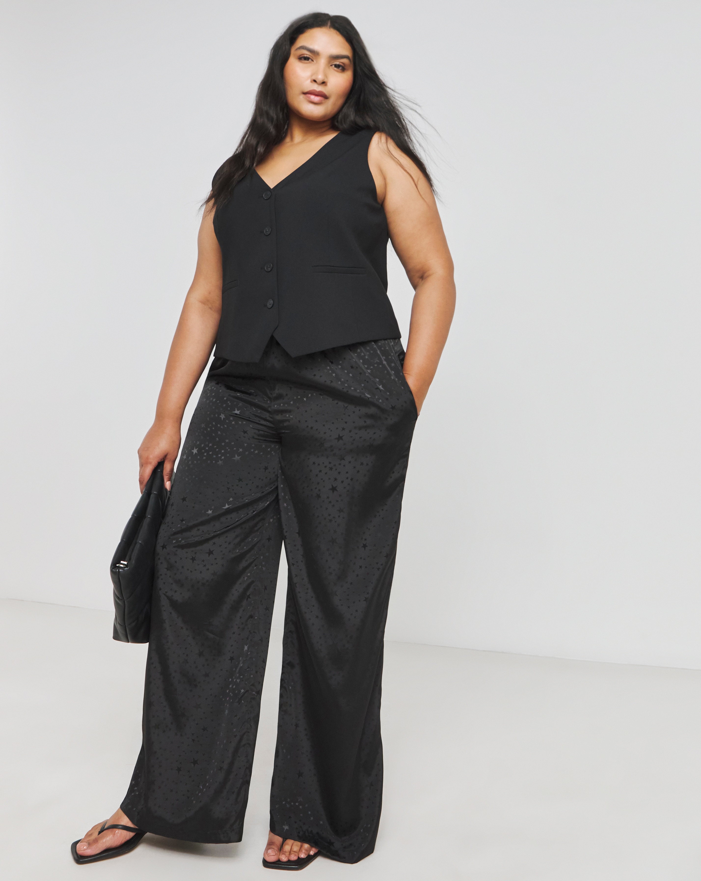Black Satin Printed Wide Leg Trouser