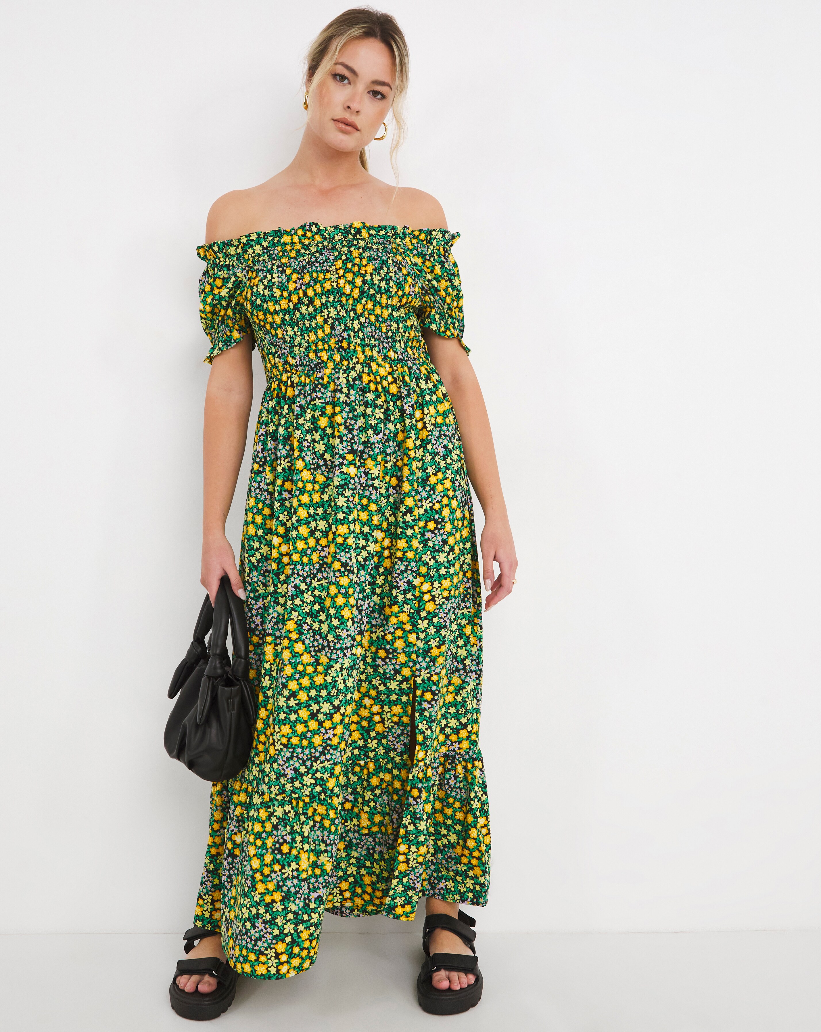 Shirred Bardot Split Front Maxi Dress 