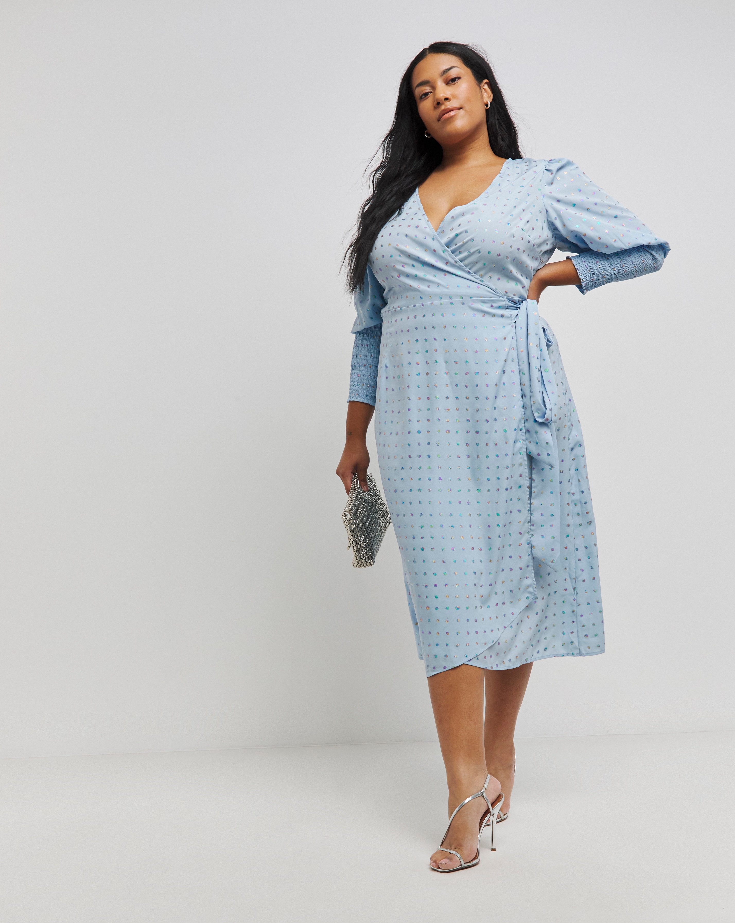 Simply Be - Women's Rainbow Foil Shirred Wrap Midi Dress - Size 12 - Blue