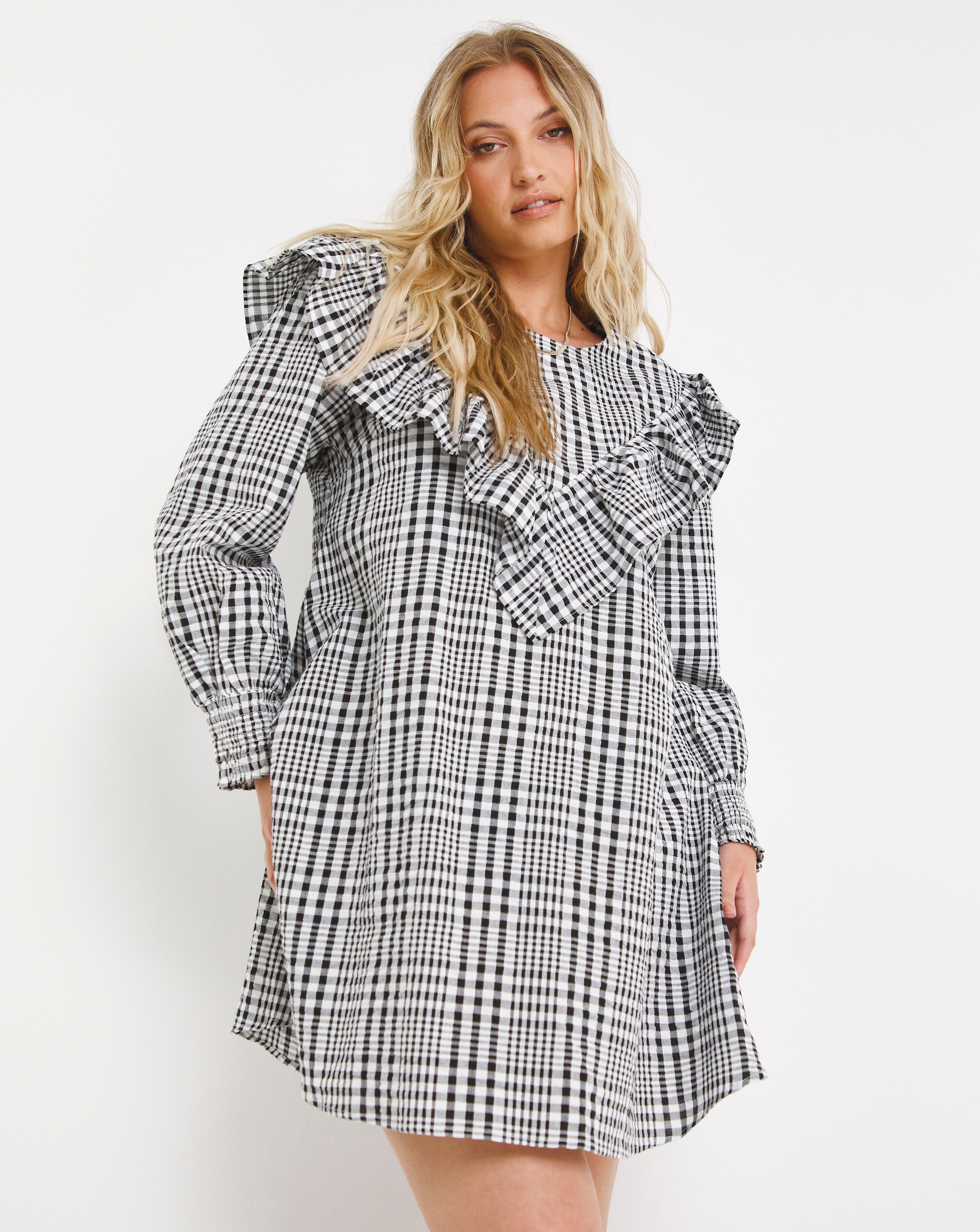 black and white check shift dress
