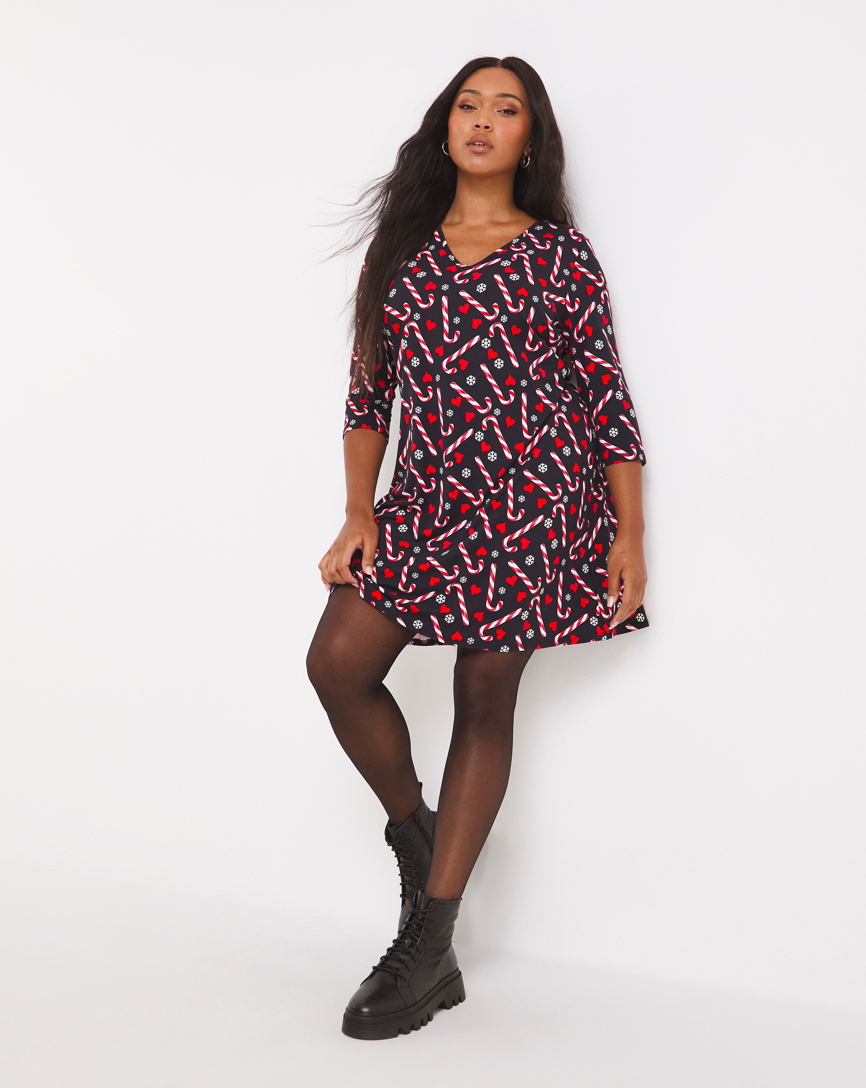 Supersoft Jersey Candy Cane Print Novelty Swing Dress | Simply Be