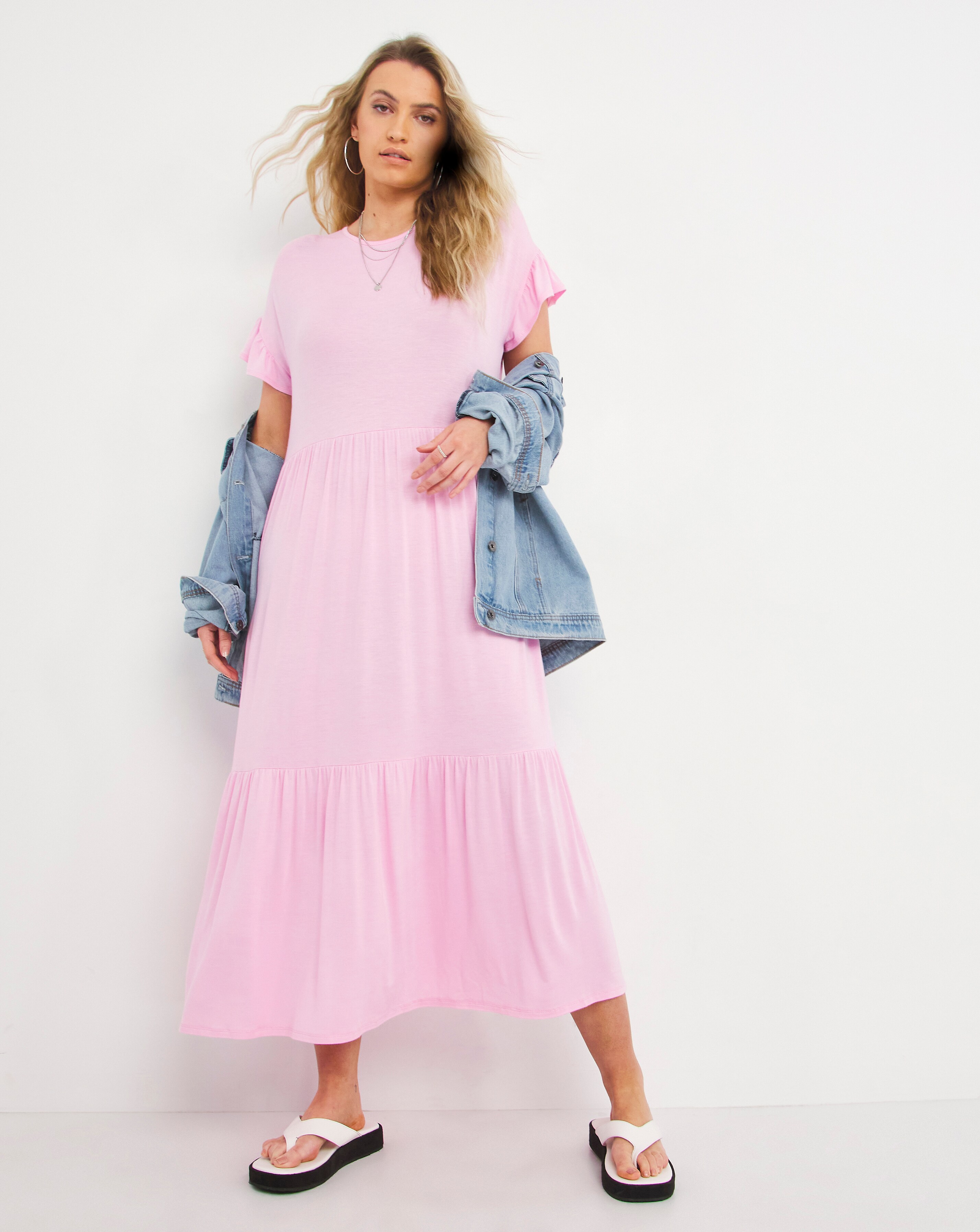 Frill Sleeve Jersey Tiered Midi Dress 