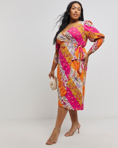 Simply Be - Women's Multi Print Shirred Wrap Midi Dress - Size 26 - Multi - Multi