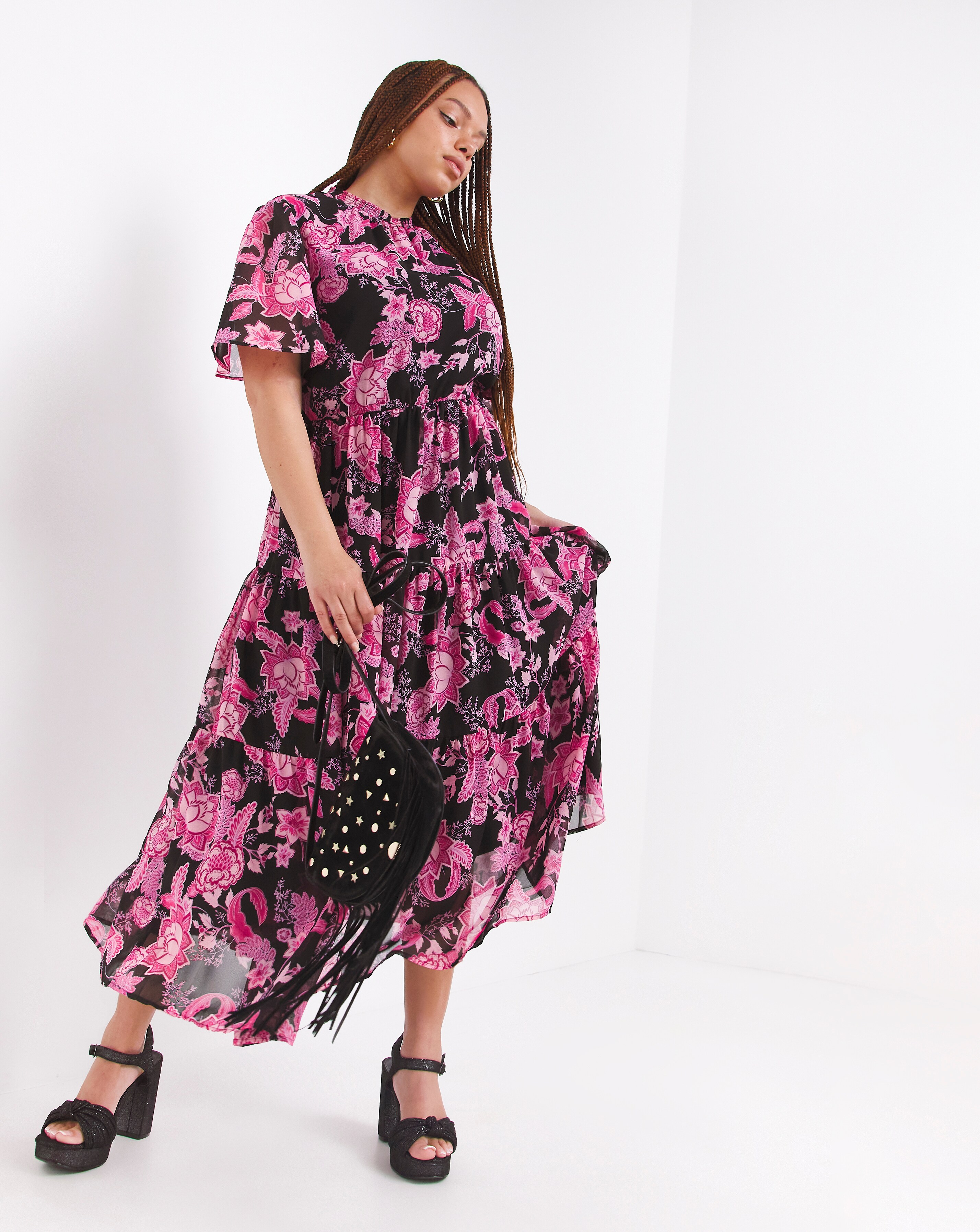 Floral Tiered Chevron Maxi Dress