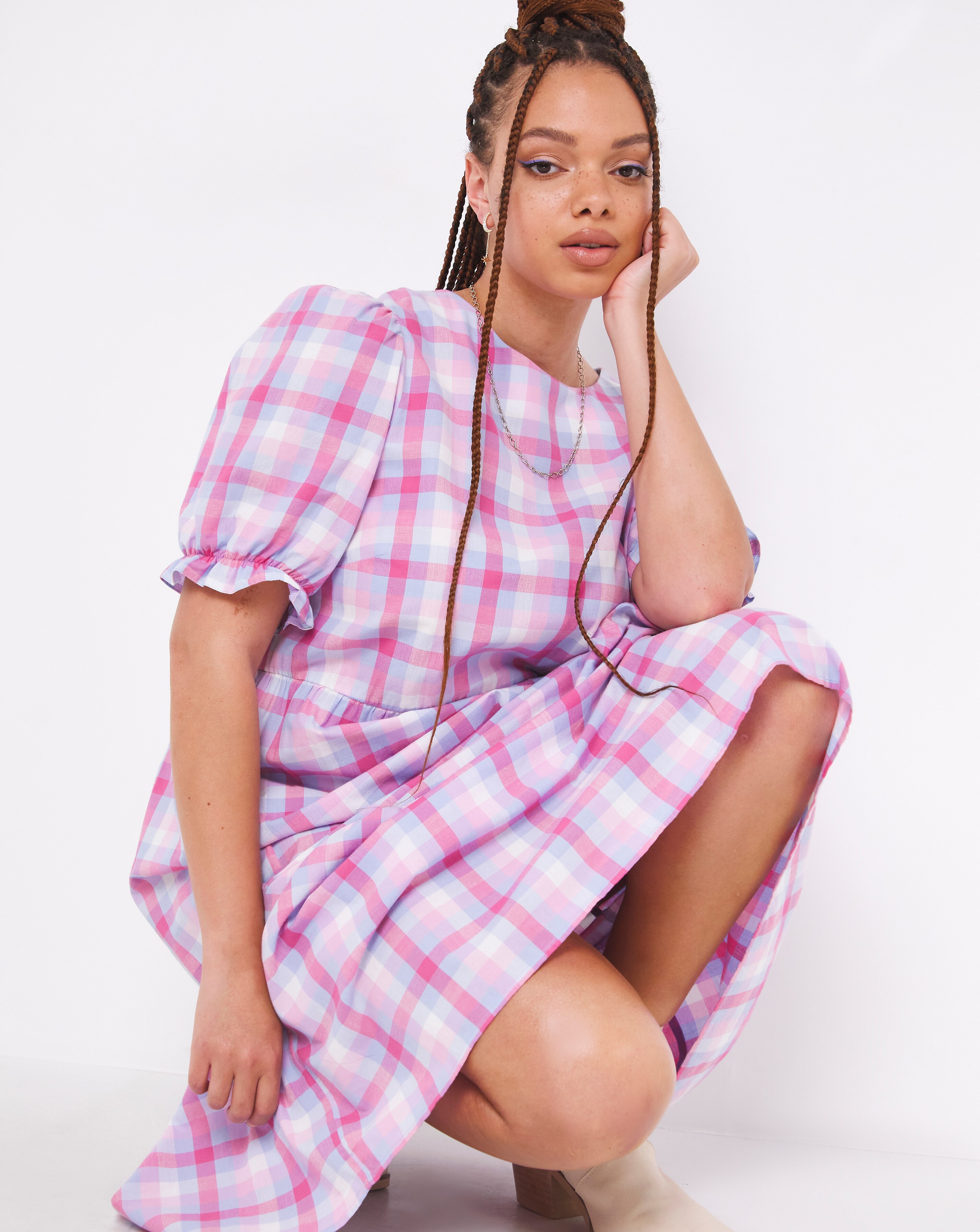 Pink Check Tiered Short Sleeve Midi 