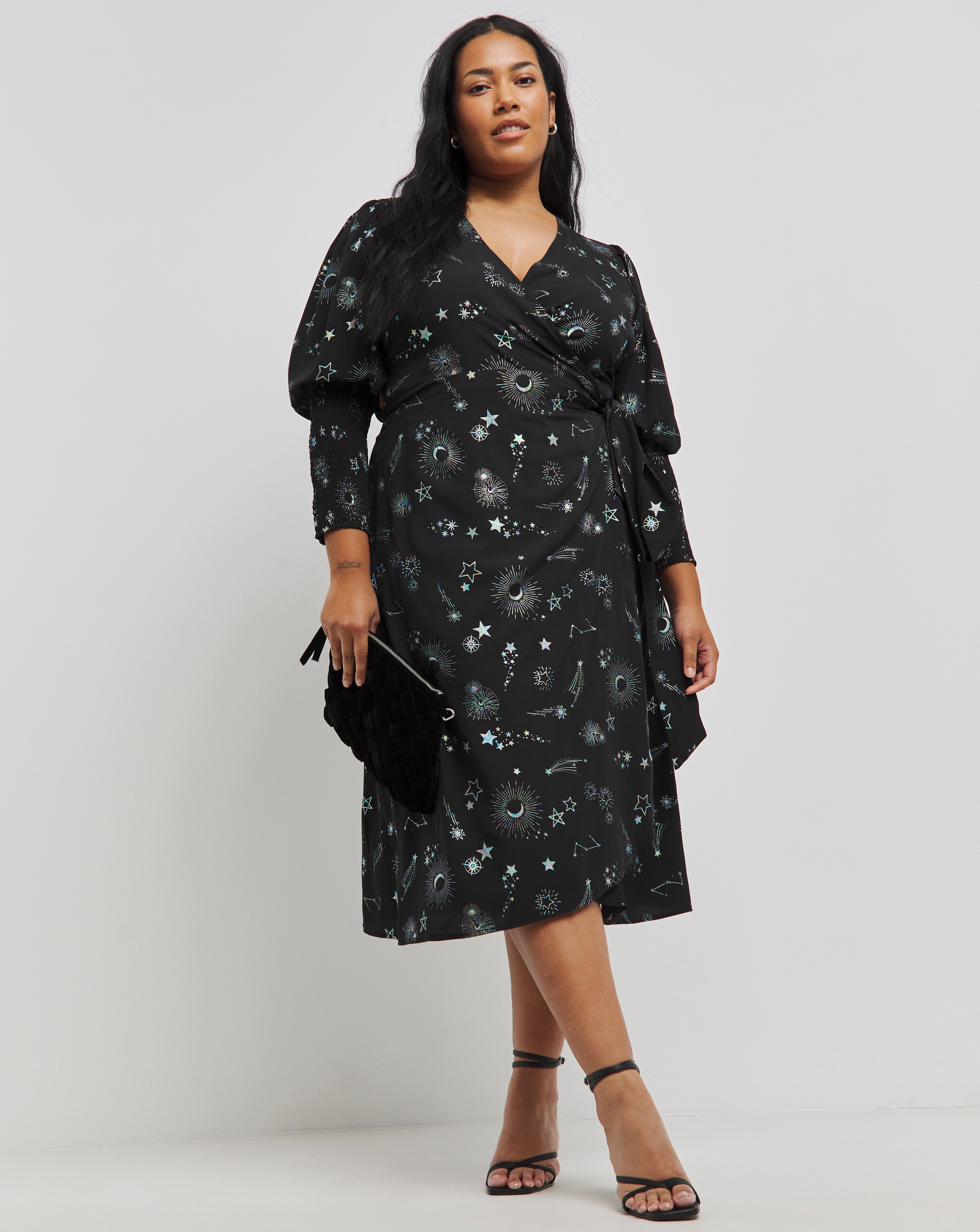 Simply Be - Women's Foil Cosmic Print Wrap Midi Dress - Size 14 - Black print