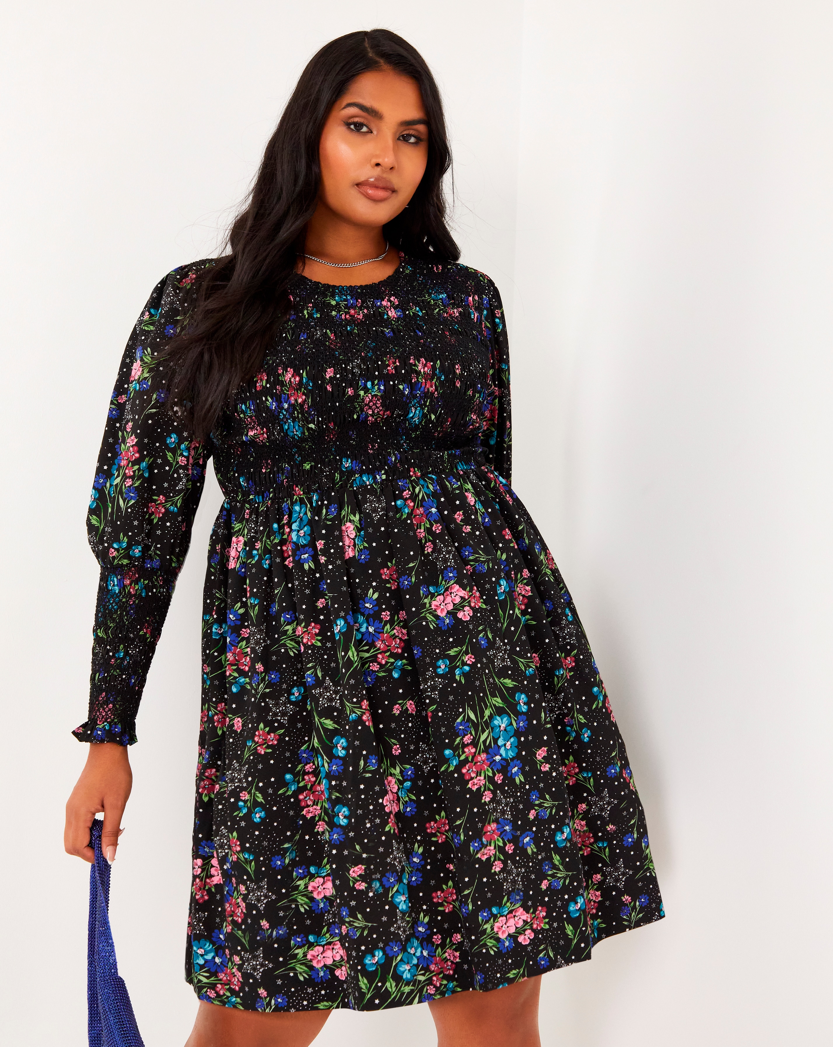 Floral And Star Printed Shirred Detail Skater Dress Simply Be