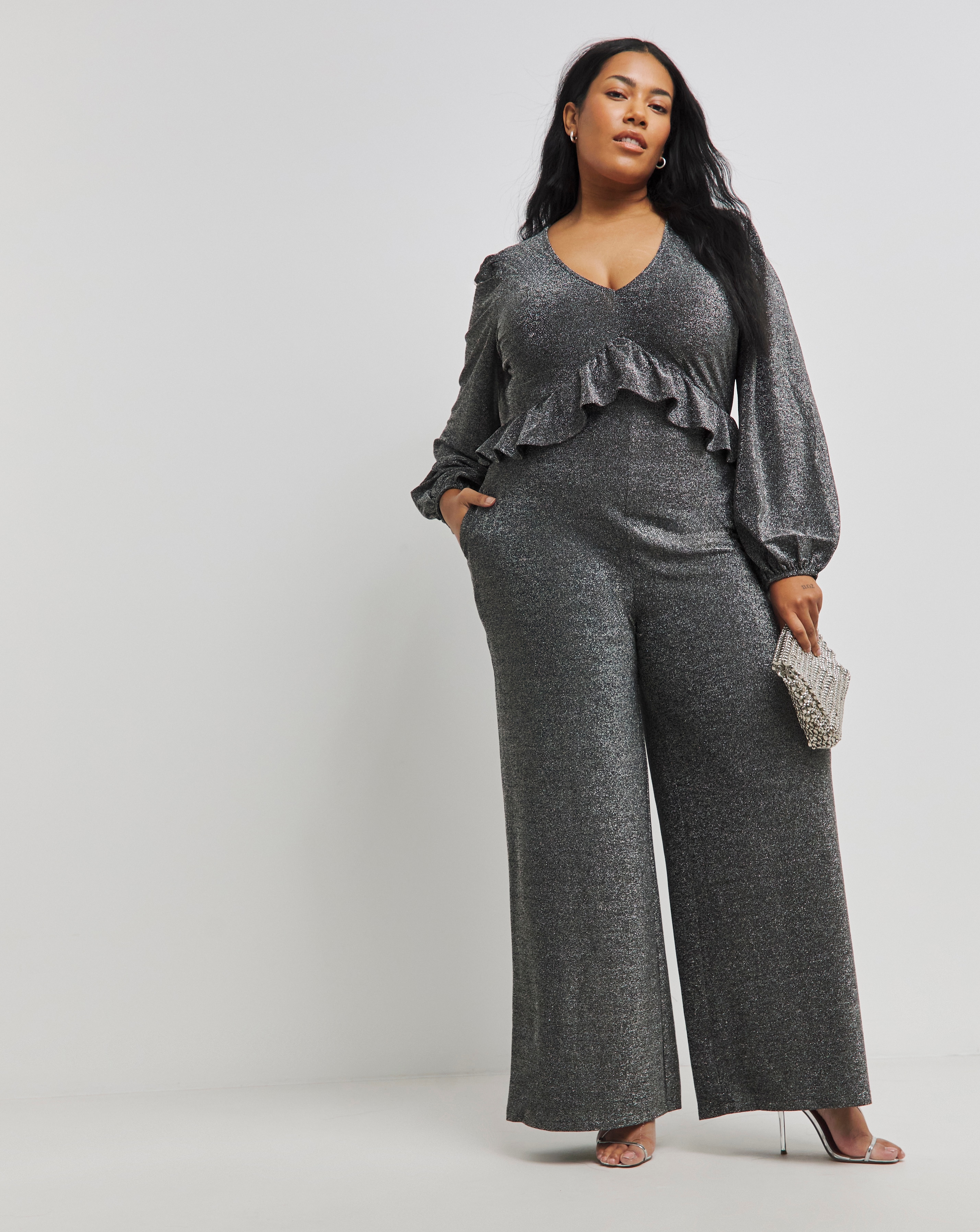 Simply Be - Women's Silver Grey Glitter Knit Frill Jumpsuit - Size 28 - Silver grey - 85% Polyester 10% Metallised Fibre 5% Elastane