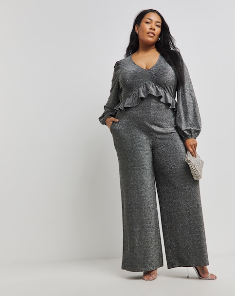 Simply Be - Women's Silver Grey Glitter Knit Frill Jumpsuit - Size 26 - Silver grey - 85% Polyester 10% Metallised Fibre 5% Elastane