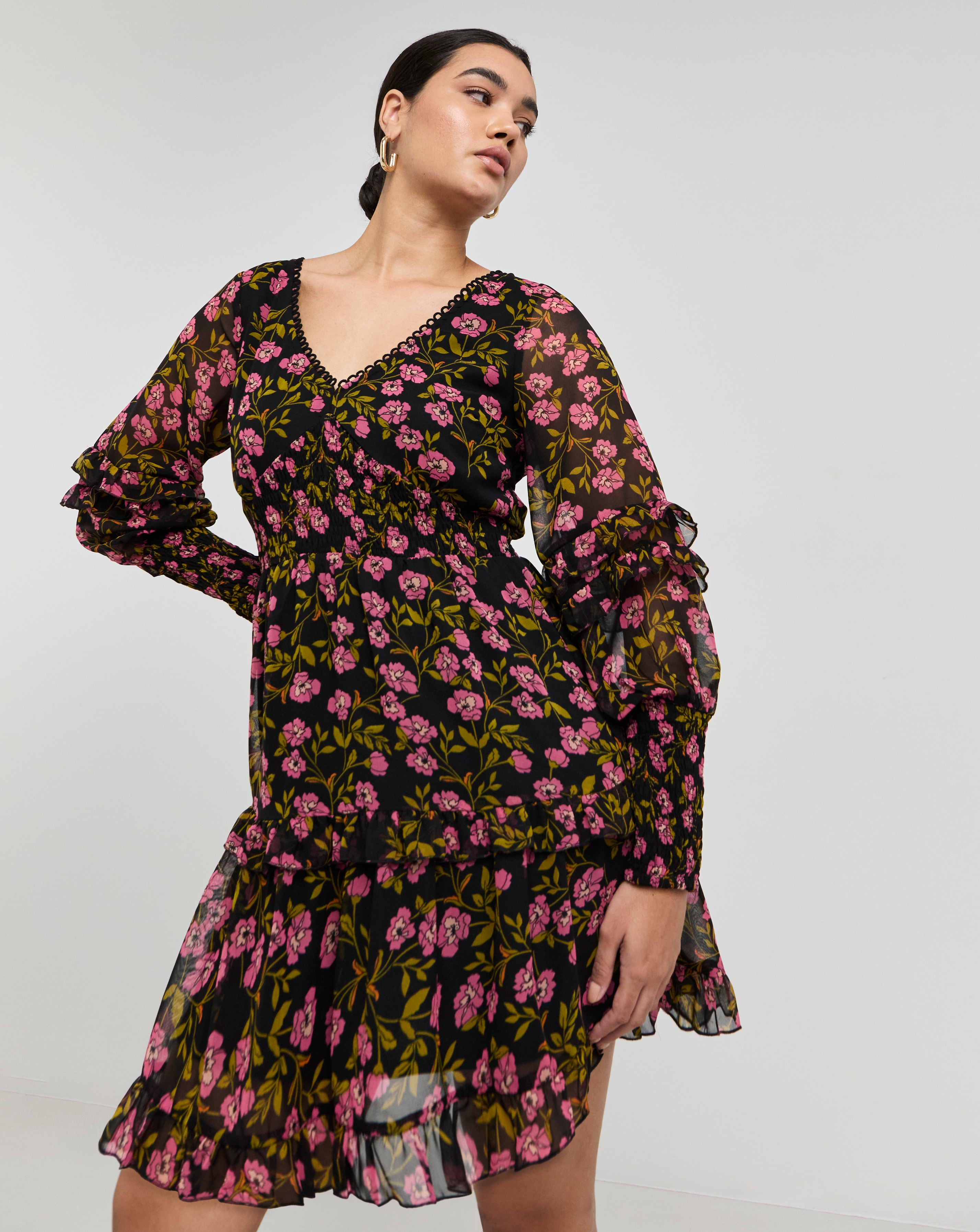 Simply Be - Women's Shirred Cuff Sleeve Skater Dress - Size 10 - Black floral