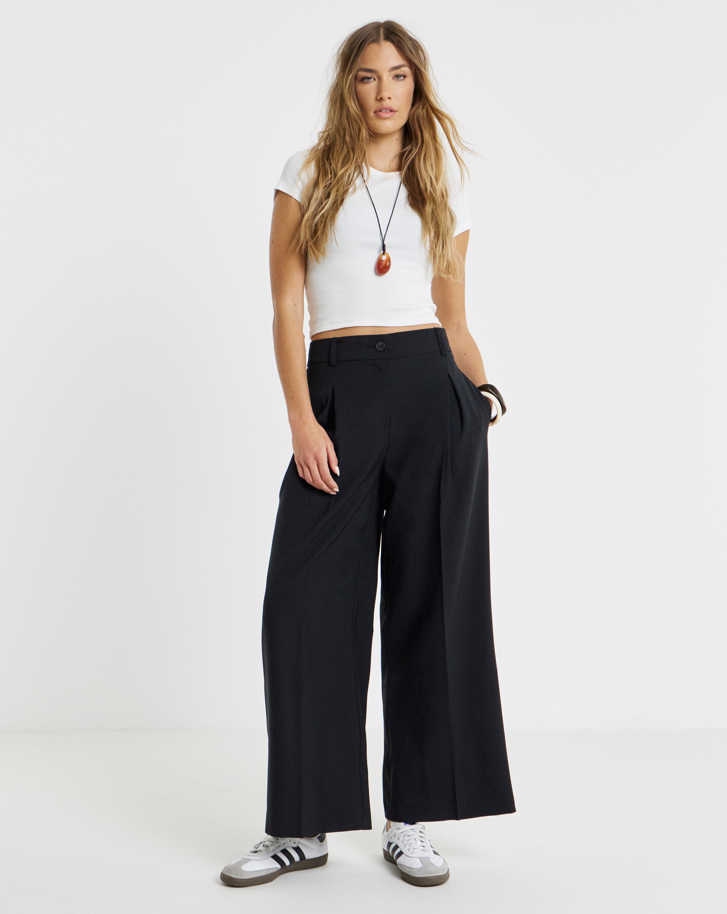 Elastic Back Pleated Wide Leg Trouser