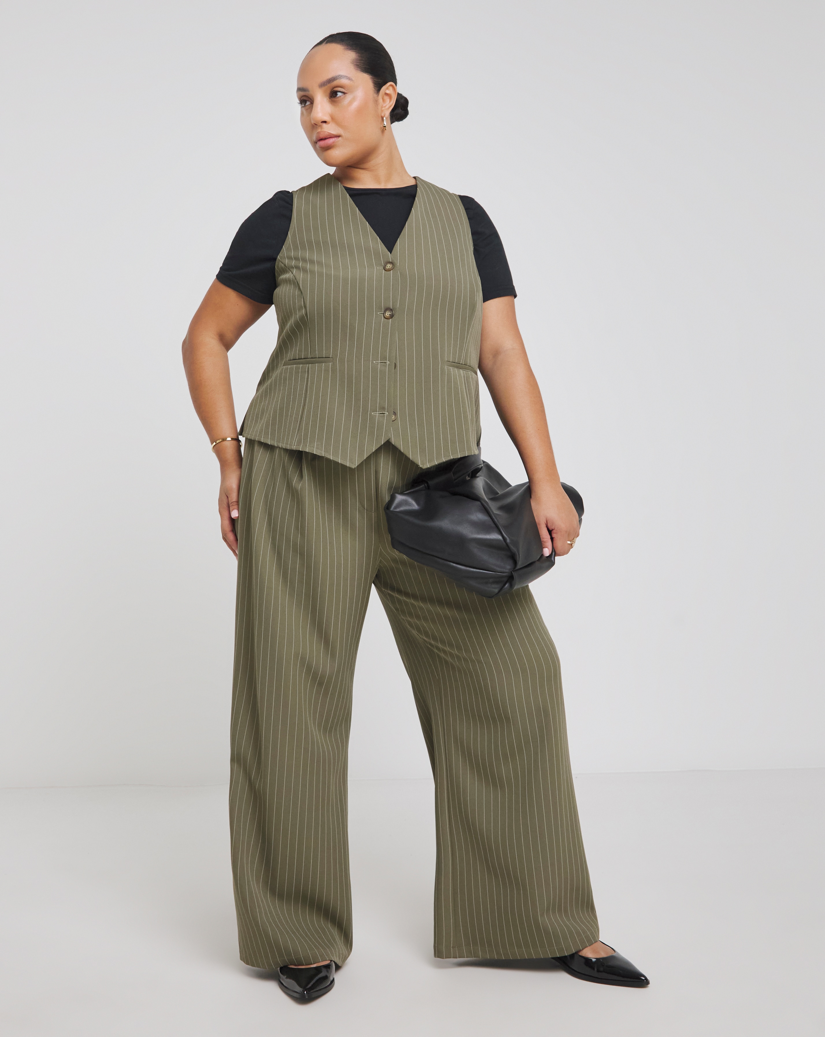 Khaki Pinstripe Tailored Wide Leg