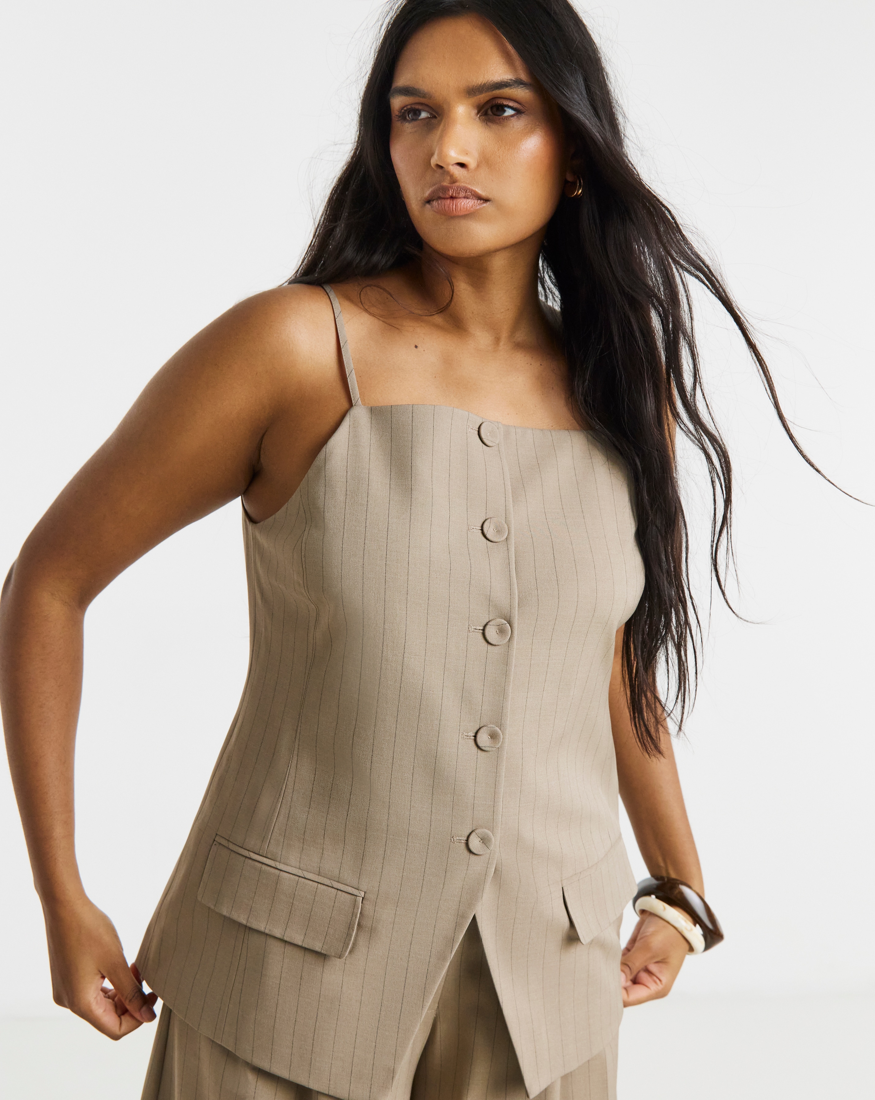 New In - Taupe Stripe Square Neck Waistcoat